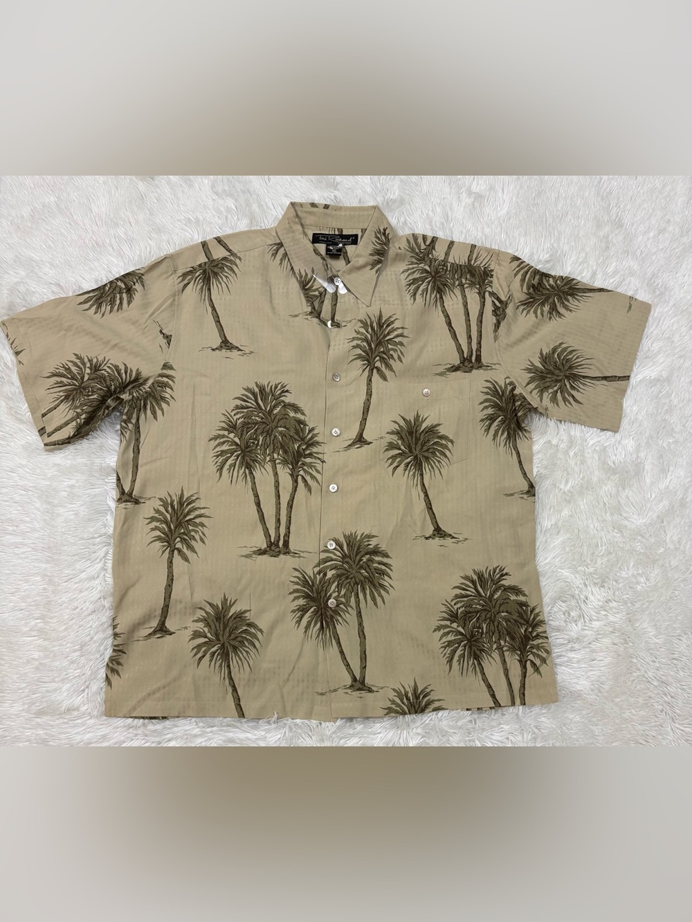 Tori Richard Beige Palm-Print Camp Shirt